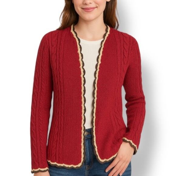 Vintage 90s Burgundy Cable Knit Cardigan Sweater Cream Ruffle Scalloped Trim - Picture 1 of 9